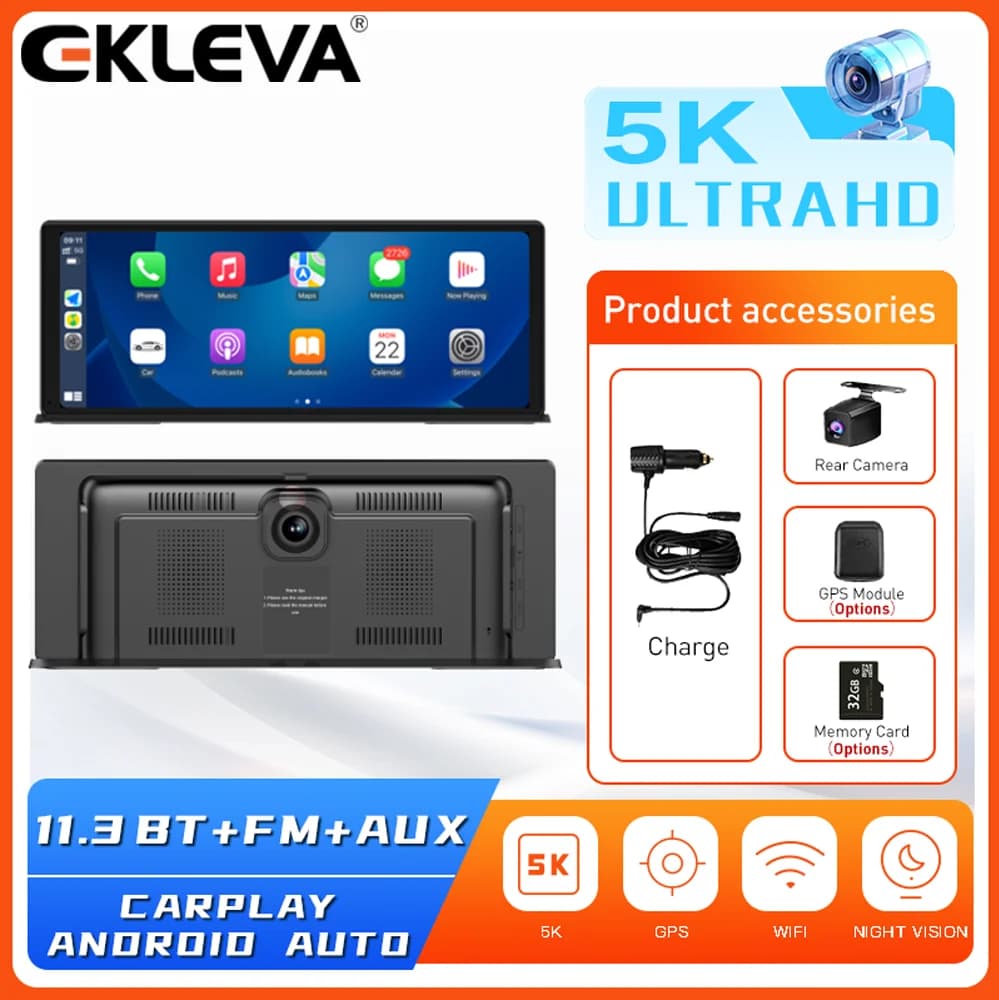 EKLEVA 5K Dash Cam 11.3 "Touch Screen Telecamera per auto 5G WiFi Wireless CarPlay e Android Auto Navigazione GPS Visione notturna DVR