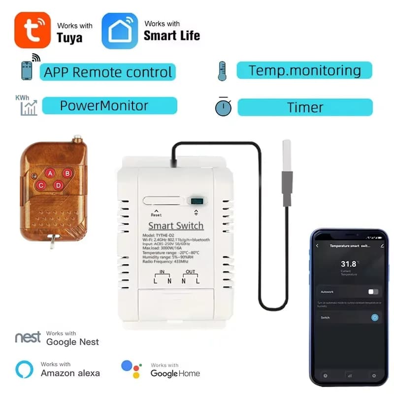 Tuya Wifi 16A/20A Intelligent Temperature Humidity Power Circuit Breaker Monitor RF Remote with Thermostat Round Sensor for Aquarium Wareh