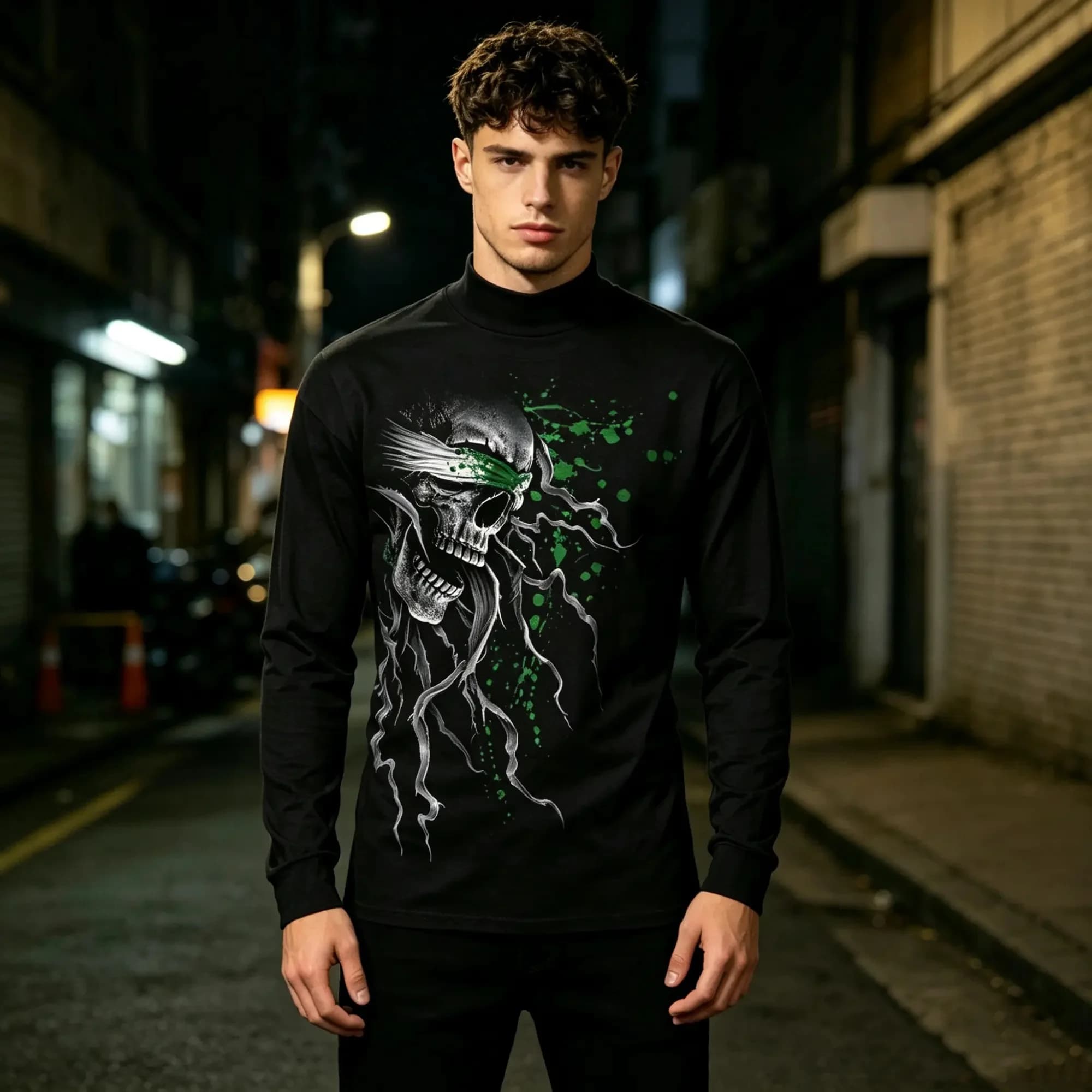 Dark Fantasy Skeleton Men Shirt Mock Neck Abstract Smoke Graphic Tops Cyber Goth Contrast Color Casual Long Sleeve Base LayerTee