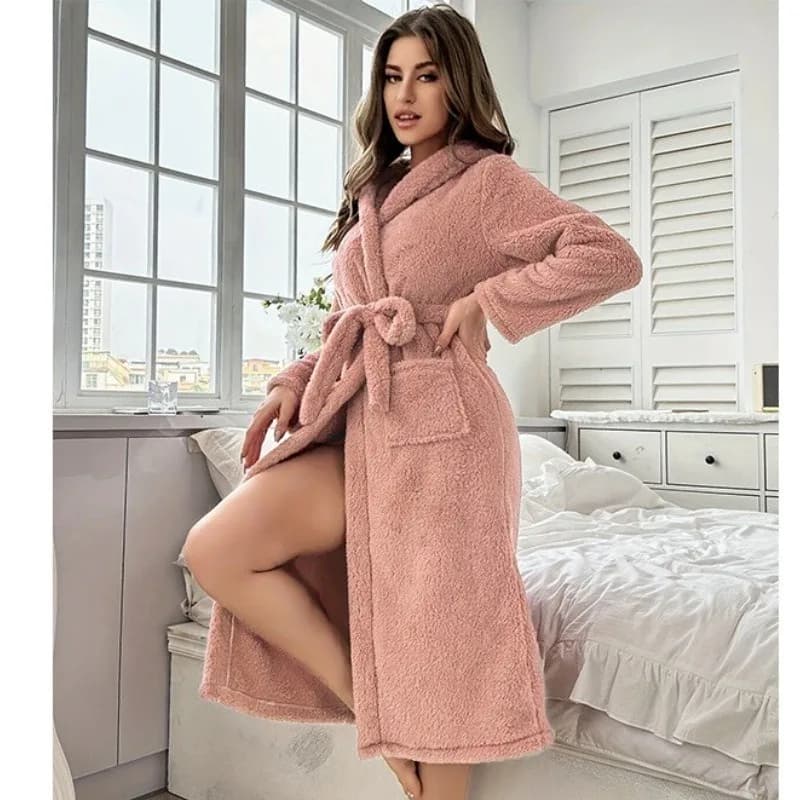 Women's long-sleeved pajamas with thick bathrobe, European American style, pink winter nightgown, loungewear with pocket belt