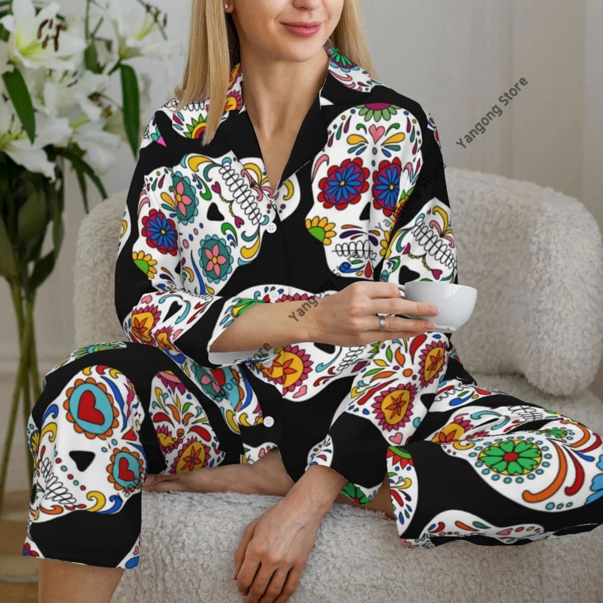 Set pigiama primaverile e autunnale Pantaloni a maniche lunghe da donna Set di arredamento per la casa con teschio di zucchero per il giorno dei morti in due pezzi