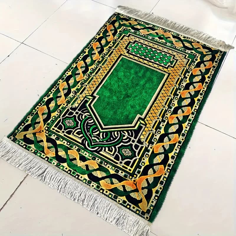 Tappetino da Preghiera Verde VIKAMA – Tappeto da Preghiera Ricamato Lavabile in Lavatrice per Casa, Uso Religioso, Pellegrinaggio e Adorazione