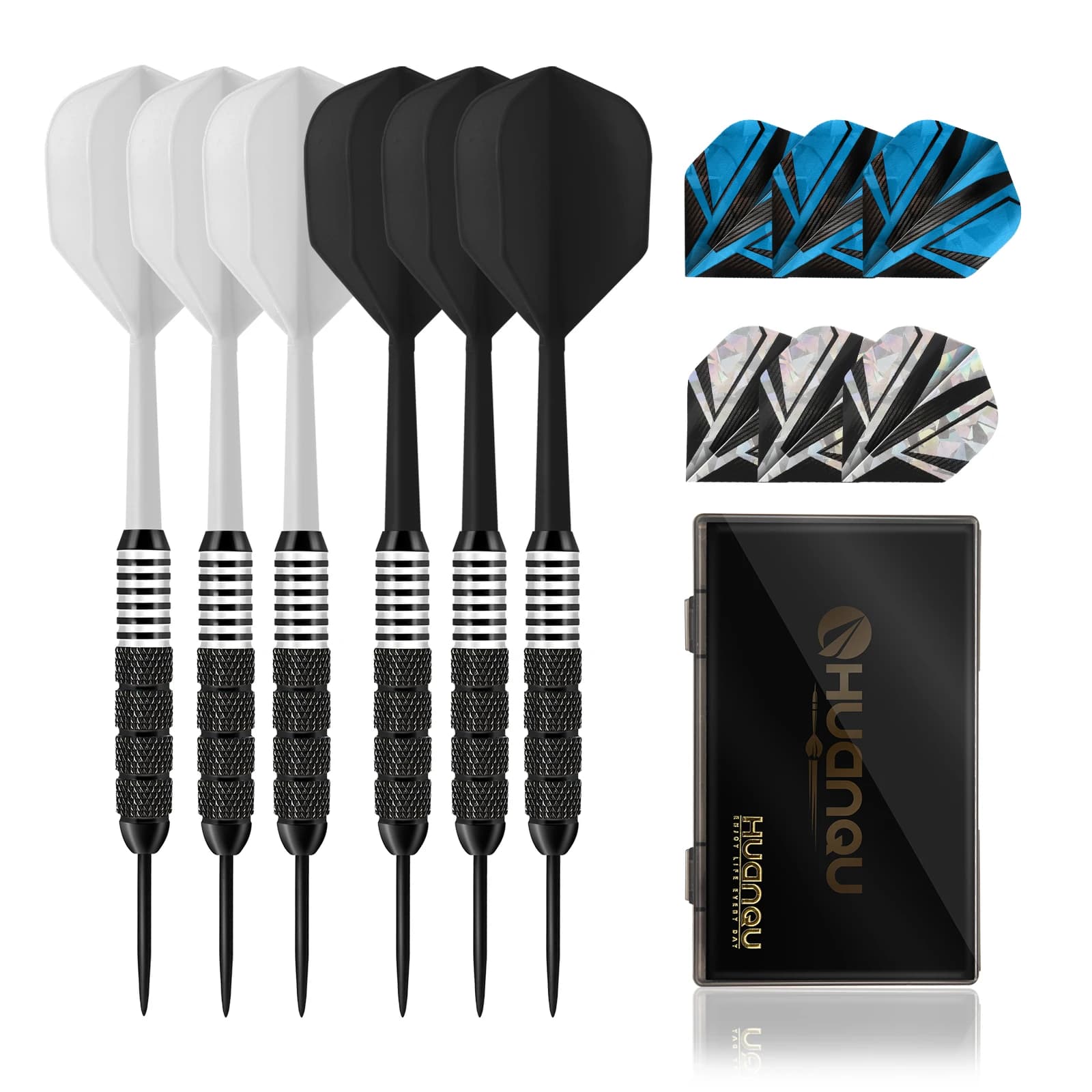 HUANQU 6Pcs 23g Iron Steel Tip Darts Set Professional Iron Barrels Shafts Integrated Flights Carrying Case Indoor Game