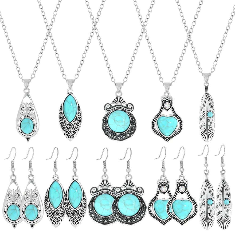 3 pezzi set di gioielli turchese stile etnico vintage dichiarazione geometrica orecchini pendenti catena maglione abbigliamento quotidiano decorazioni per feste regali