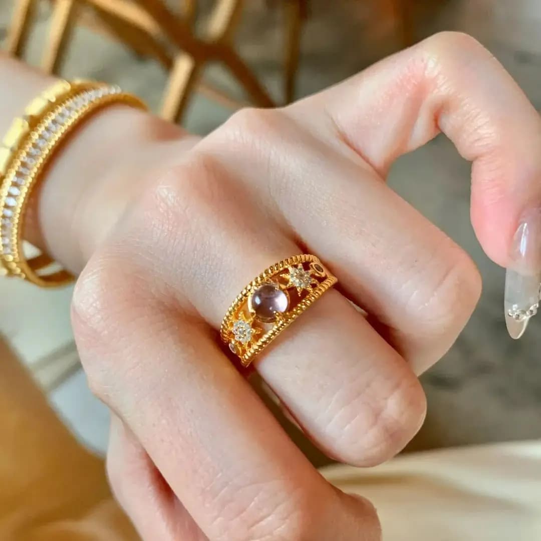 Temperament light luxury natural amethyst ring French retro diamond-set niche open women's ring
