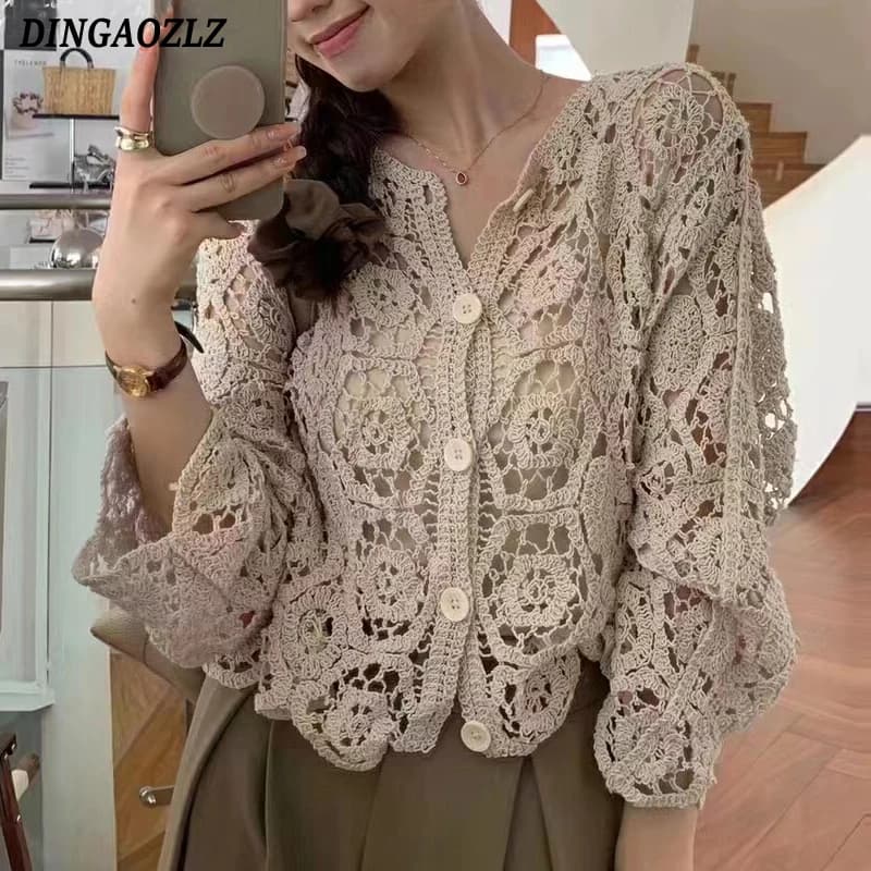 Retro gancio fiore scava fuori top moda manica lunga ricamo cardigan camicia dolce camicetta da donna