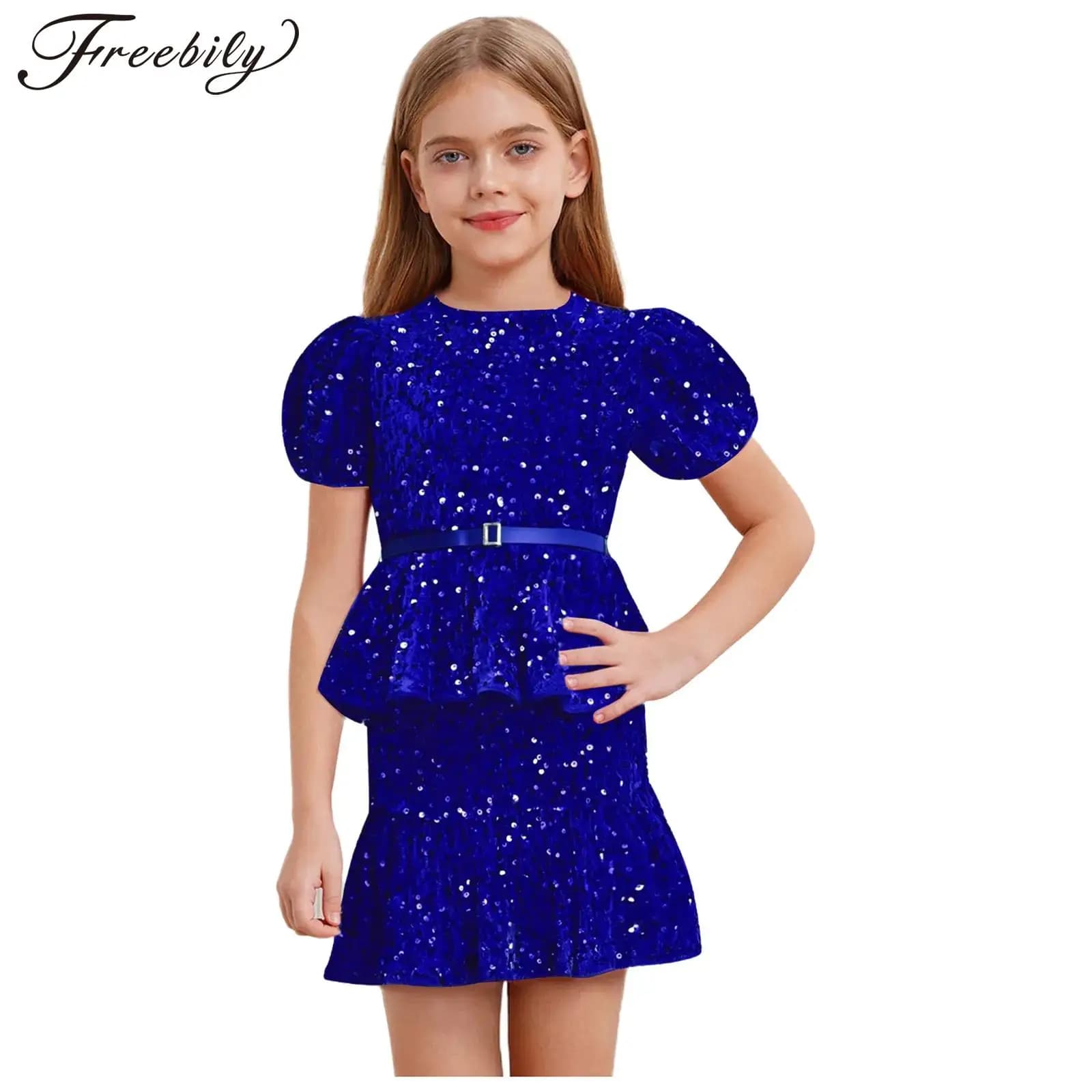 Camicie senza maniche corte a sbuffo con paillettes lucide eleganti per ragazze adolescenti Top con minigonna per compleanno, matrimonio, spettacolo, ballo di fine anno
