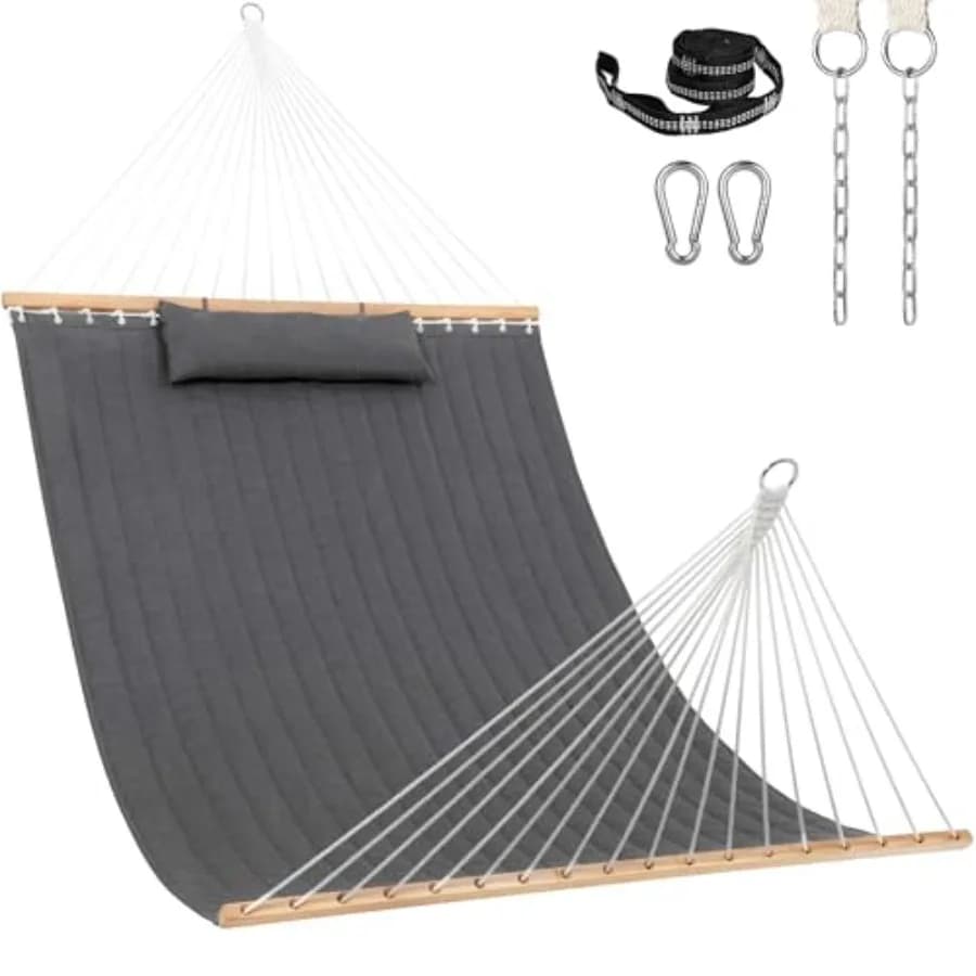 3.6 m Sunbrella fabric quilted hammock with spacer bars and cushion, weatherproof and fading, for exterior, Cast Slate 4 color