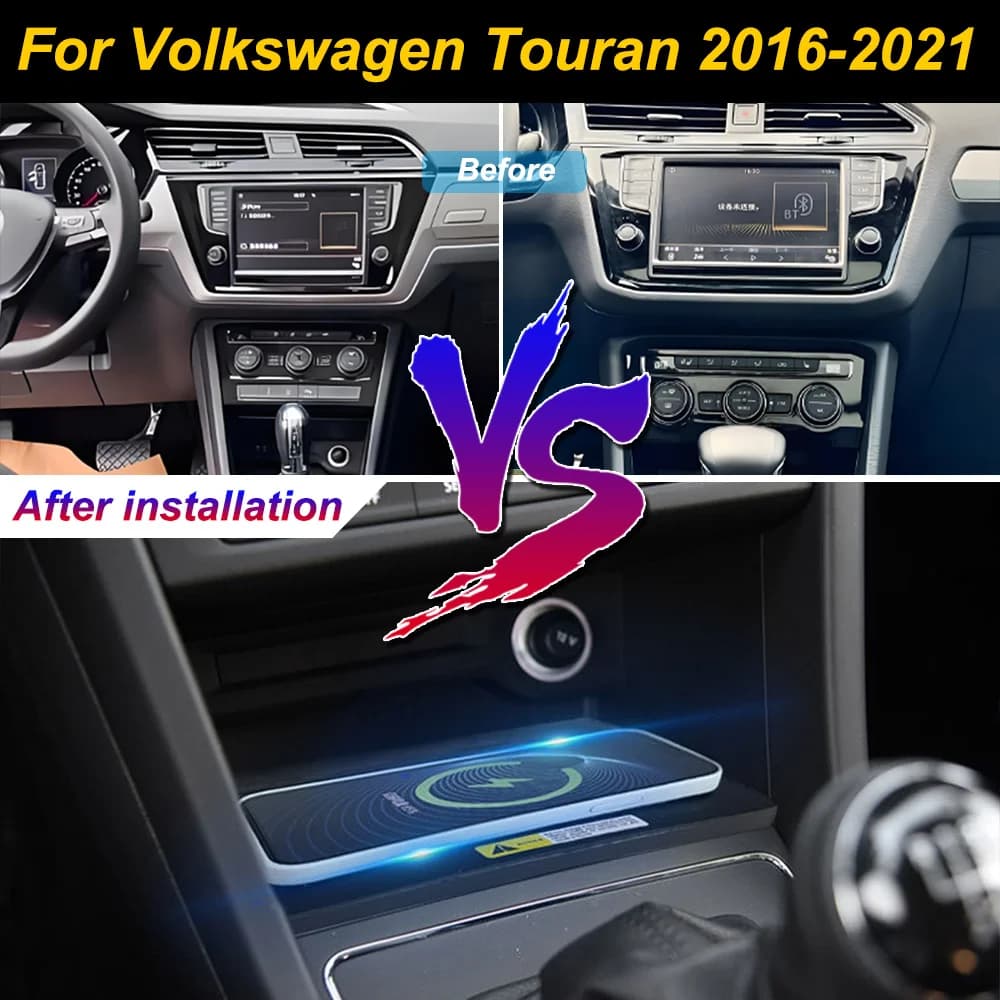 Caricatore Wireless 2 Din per Volkswagen Touran 2016-2021, Supporto per Telefono con Ricarica Rapida iPhone, Vano Portaoggetti per Console Centrale