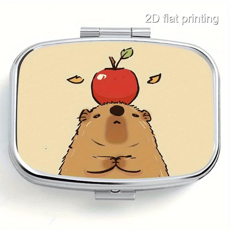 1 Square Pill Box with Apple Capybara Pattern Print, Double-Compartment Metal Box, Mini Portable Pill Box, Suitable for Travel, Outdoor Activities, Placing in Your Pocket or Wallet, Can Be Used as a Portable Tablet Case, Multifunctional Metal Box, or for Storing Decorations and Jewelry.