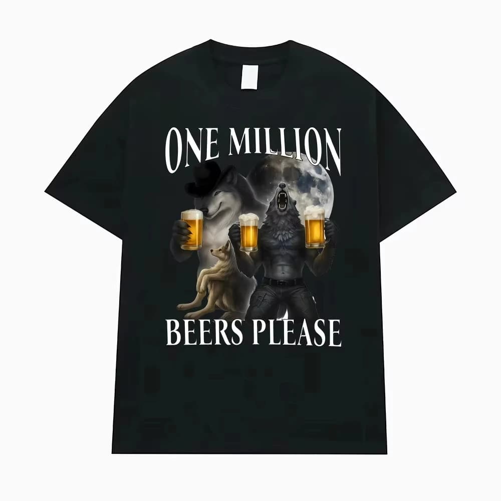 2026 Summer Men's Alphabet Wolf Beer Printed Round Neck T-shirt 100% Cotton Breathable Street Short Sleeve Large