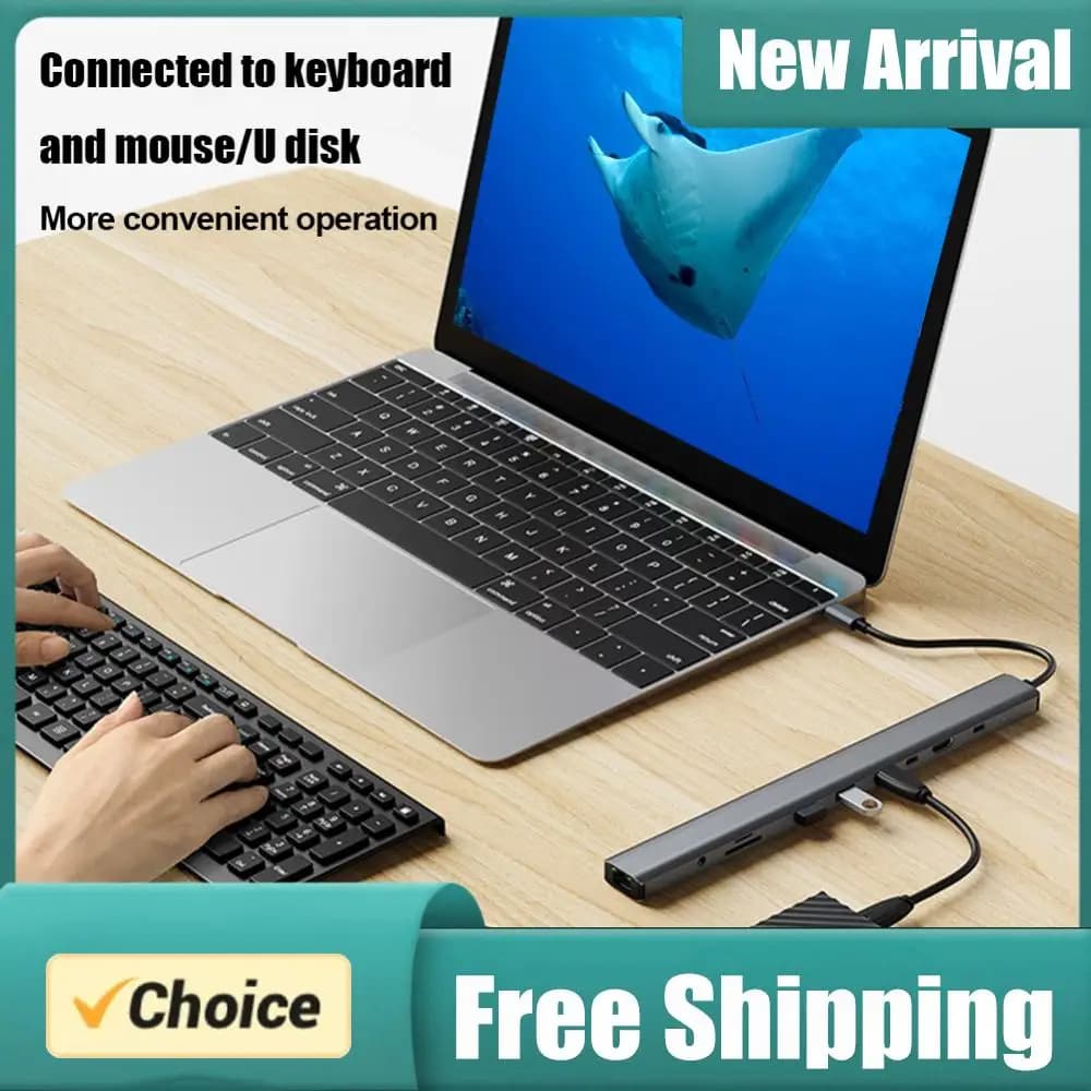Hub USB-C con Connessioni per Cuffie/Altoparlanti, Lettore di Schede SD/TF, PD 100W, Ethernet Gigabit RJ45, AUX 3.5mm per Macbook e Huawei