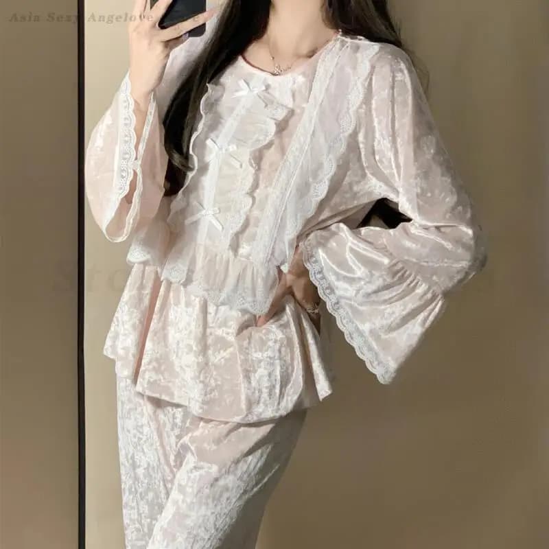 Pigiama stile principessa francese Set autunno inverno nuovi indumenti da notte in velluto a maniche lunghe dolce patchwork di pizzo vestiti per la casa pigiama