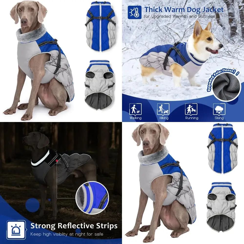 Cappotto Invernale per Cani Blu Spesso 3XL, Impermeabile e Riflettente con Cerniera e Imbracatura