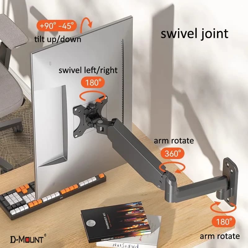 Supporto a Parete per Monitor LCD D-MOUNT DW150 con Molla a Gas, 13"-32", per TV 2-9KG, Girevole, Estensibile, Braccio Lungo, 75x75 100x100