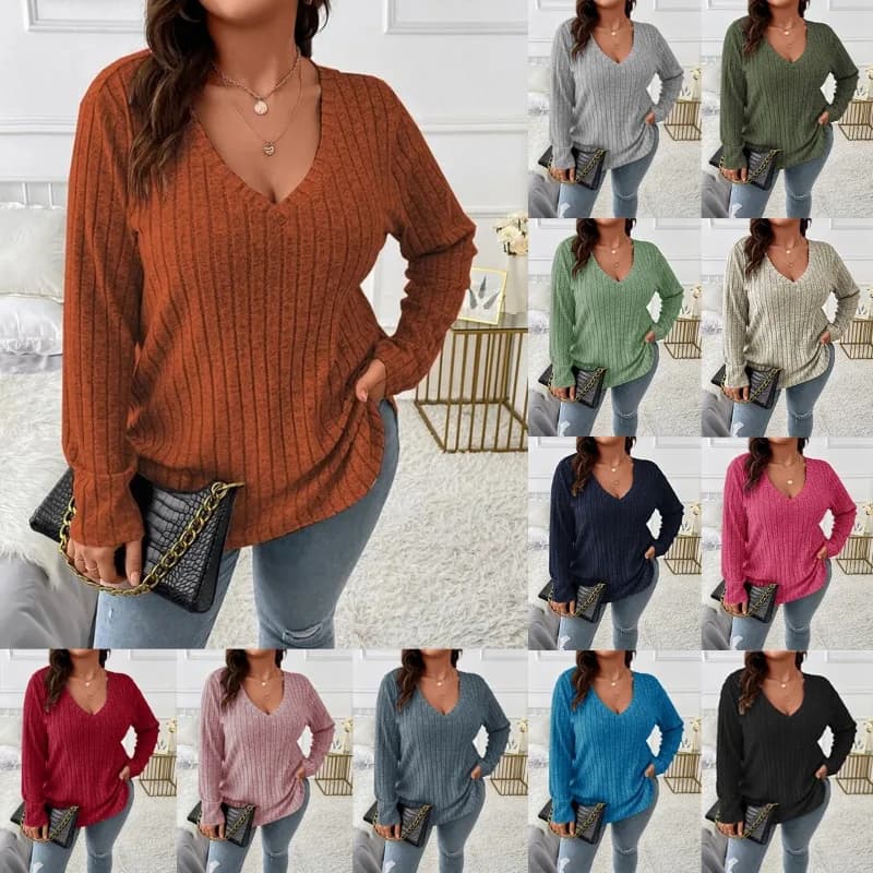 Plus Size Women V Neck Long Sleeve Top Solid Color Ribbed Knit Loose Casual Pullover T Shirt