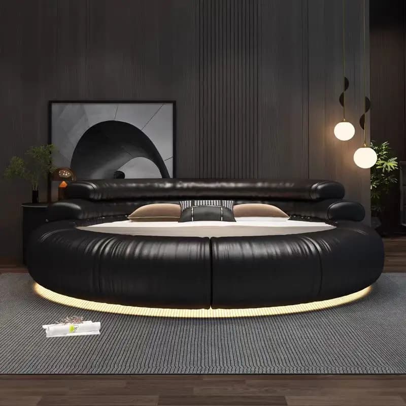 Letto Rotondo Moderno 2025 in Pelle, Formato King Size, Economico, con Materasso e Luce Notturna