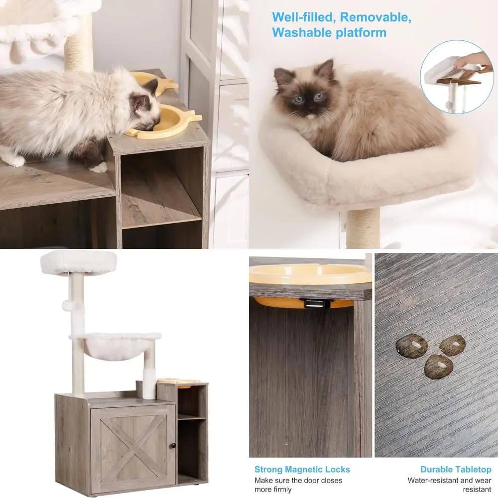 Albero per gatti da interno XL con custodia per lettiera, torre all-in-one con grande amaca, letto, stazione alimentare, tiragraffi, Rus