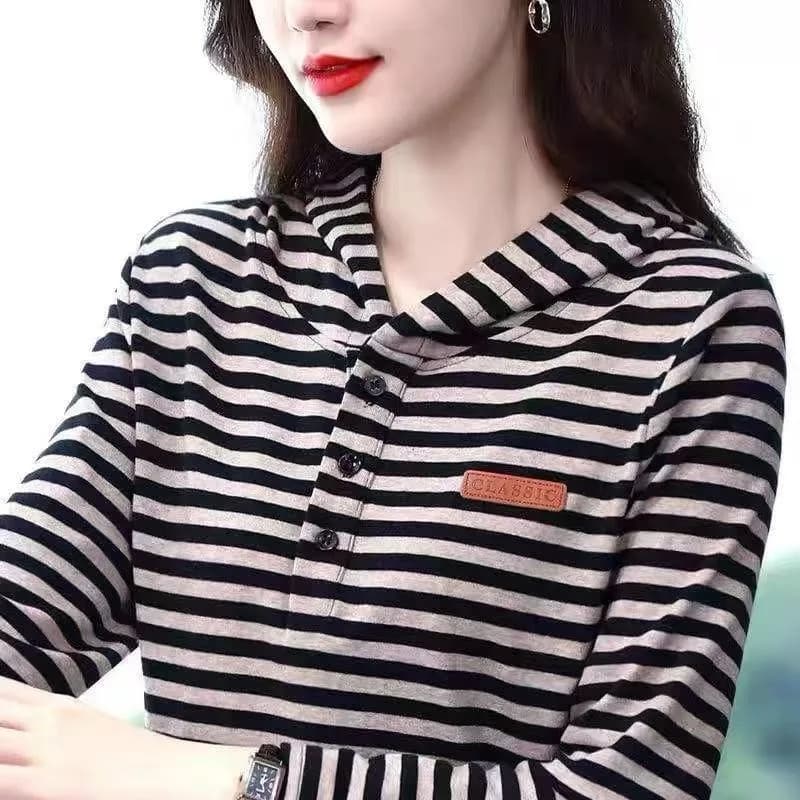 Spring Autumn Long Sleeve Hoodie Women's Fashion Versatile Top Striped T-Shirt Thin Model Polyester 100% Spring 2025
