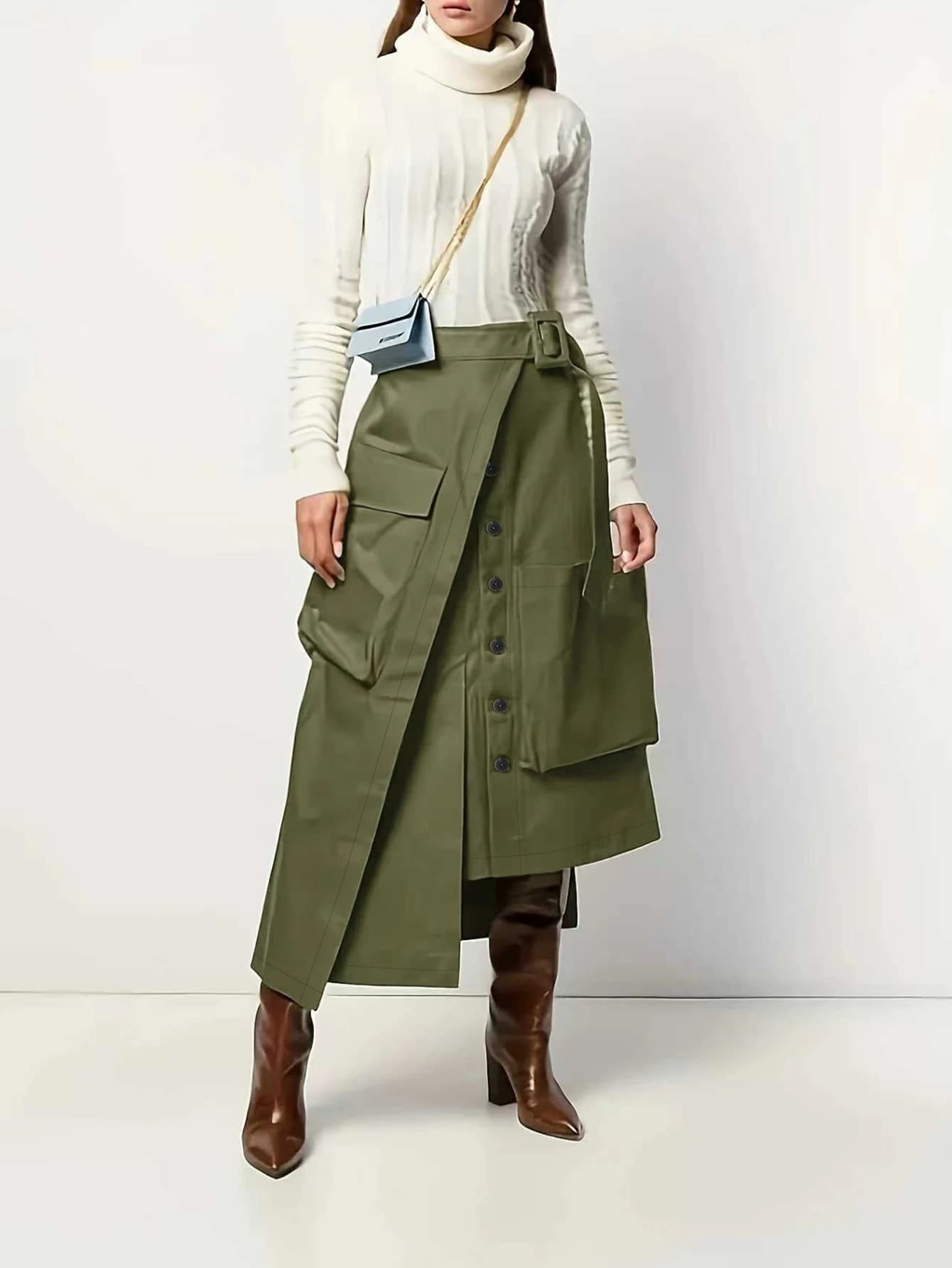 Nuova gonna da lavoro da donna in tinta unita, stile street photo, con cintura e bottoni, design con ampie tasche, perfetta per l'autunno e l'inverno.
