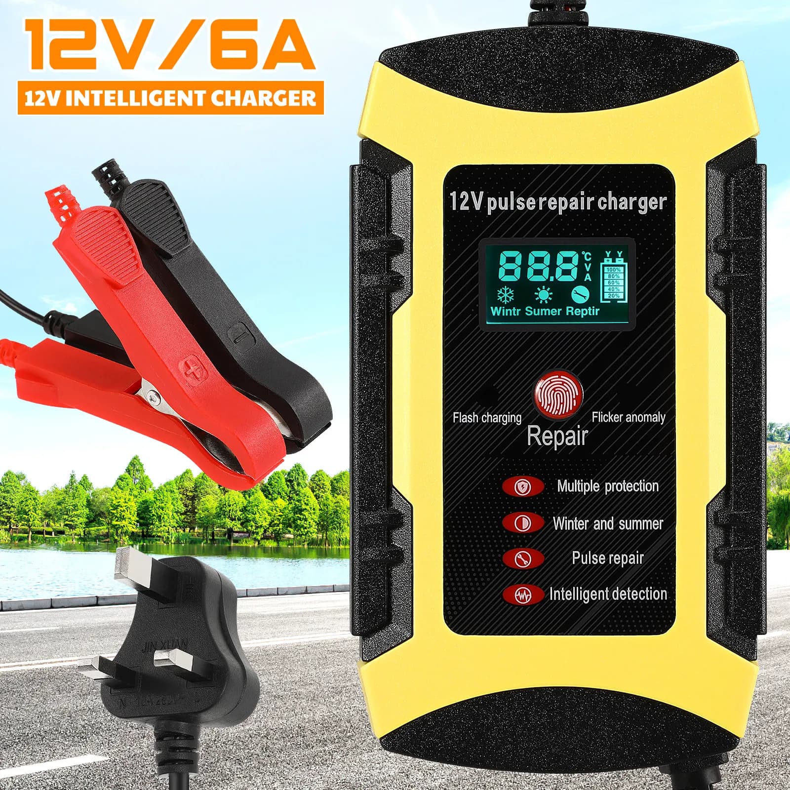 Caricabatterie Auto Automatico 12V 6A con Display Digitale, Mantenitore di Carica Intelligente per Moto, Auto, Camion, Tosaerba e Veicoli (UK)