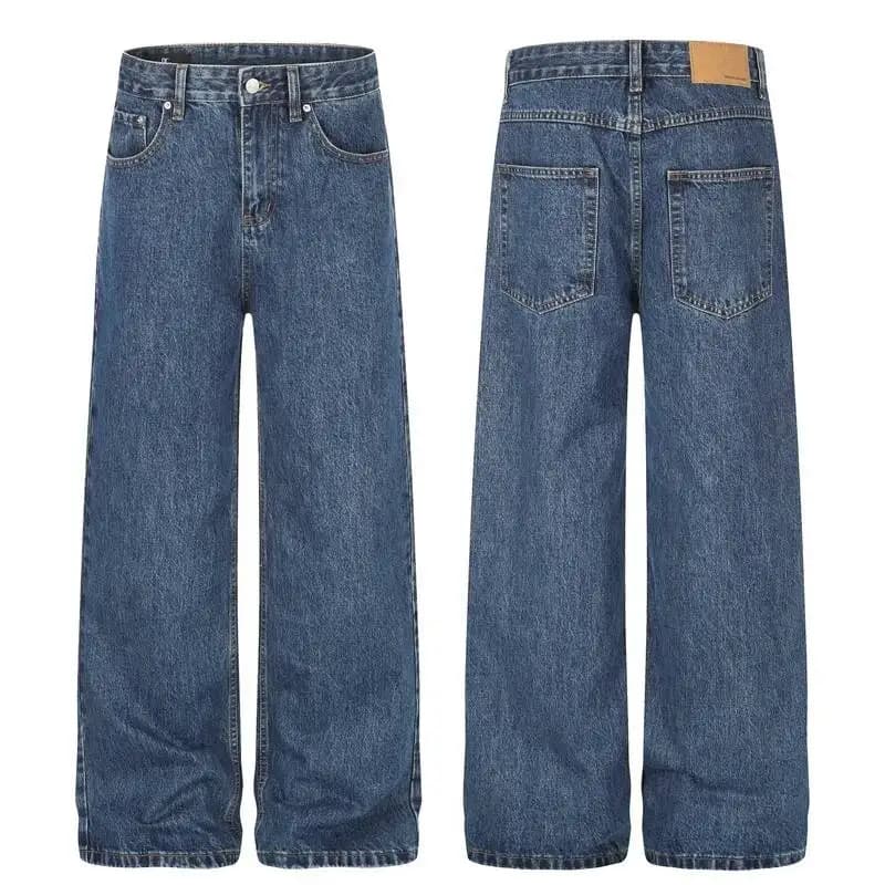 Blue Vintage Washed Straight Leg Denim Jeans For Men Women High Waist Loose Wide Leg Casual Daily Clean Fit Trousers BKIO