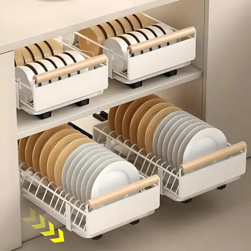 Pull-Out Carbon Steel Kitchen Storage Rack - Sliding Drawer Dish Organizer for Plates, Bowls, Cutlery and Condiment Storage