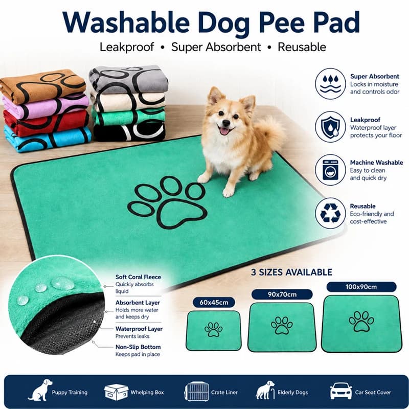 Coral Fleece Reusable Dog Pee Pad Super Absorbent Leakproof Washable Puppy Pad for Potty Training Crates Couch Car Seat Pet Bed