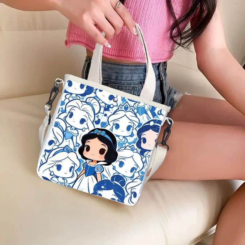 Cartoon snow white Characters Print Tote Bag, Lightweight Canvas Crossbody Bag, Reusable Shopping Shoulder Bag for kids