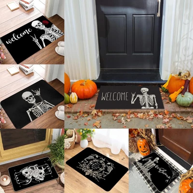 Halloween Spaventful Skeleton Printer Card Welcome Mat Pink Skull Mat Anti-slip Home Decor for indoor and outdoor