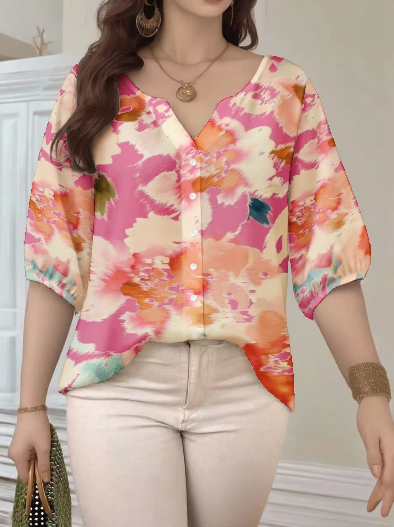 Camicetta da Donna Taglie Forti, Stampa Floreale Vintage, Mezza Manica a Sbuffo, Monopetto, Scollo a V, Stile Bohemien, in Chiffon, Estate 2026