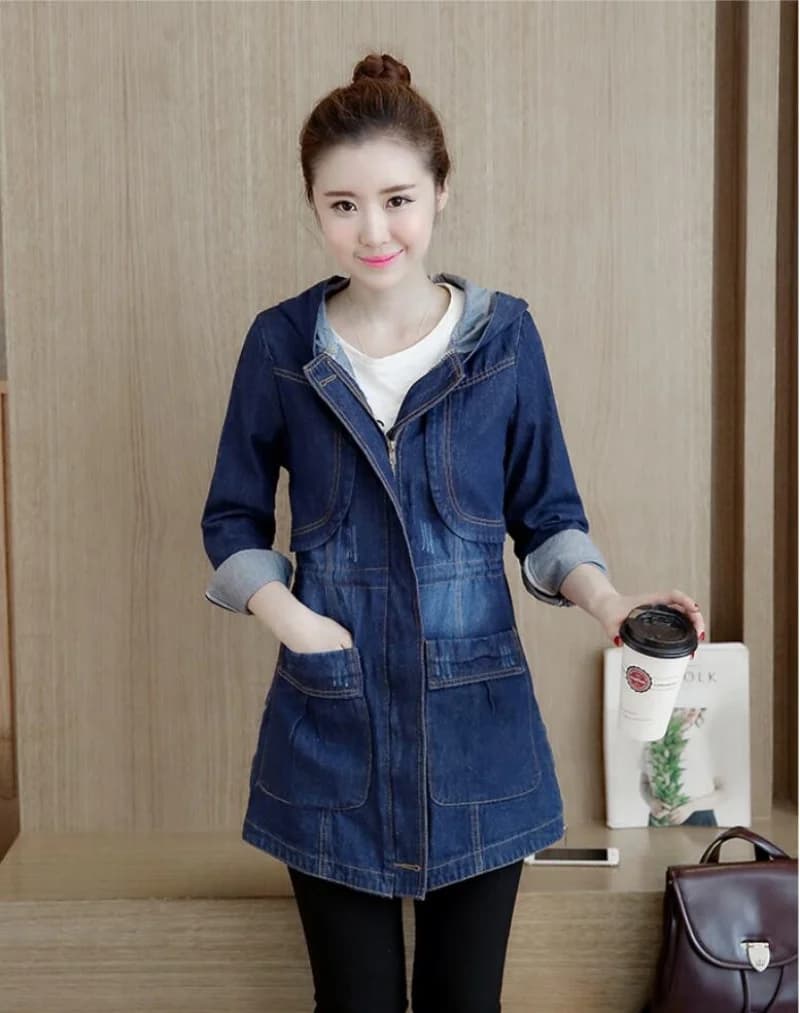 Giacca di Jeans con Cappuccio da Donna, Cappotto Lungo Casual in Denim, Stile Coreano, Versatile per Primavera e Autunno, Top Cowboy Comodo per Donne