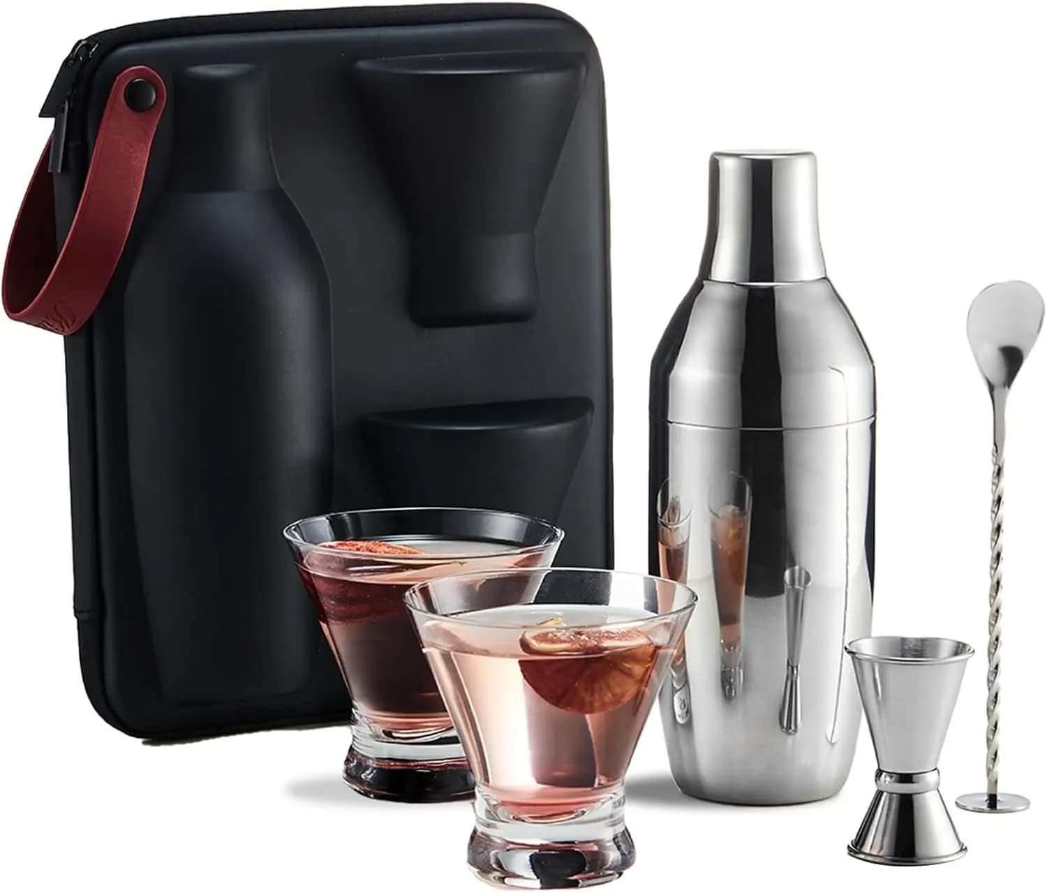 Set Shaker per Cocktail con Custodia da Trasporto, Shaker per Martini Isolato Sottovuoto con Filtro Integrato, 2 Bicchieri e Utensili da Bar per Casa o