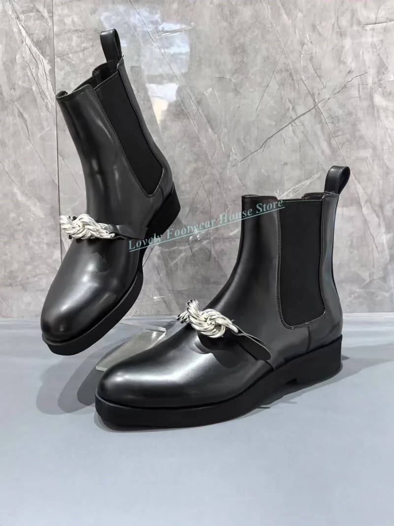 Nuovo stile catena di metallo decorazione uomo stivaletti in vera pelle nera impiombato maglia elastica tacco basso maschio slip on stivali scarpe