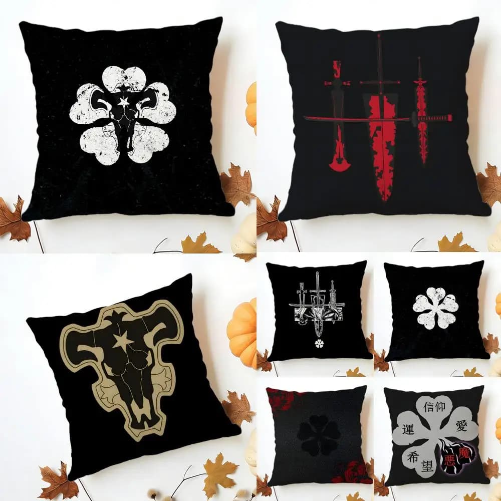 B-Black Clover Cushion Cover Washable Linen Pillowcase Soft for Sofa Bed Cozy Home Room Decor