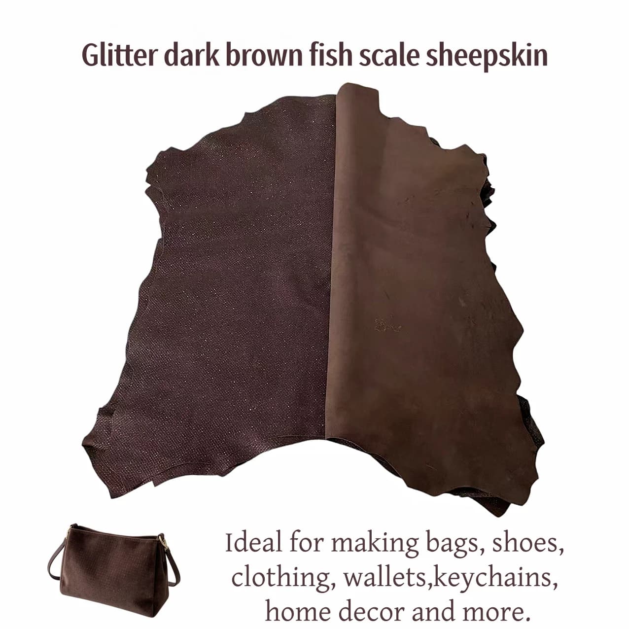 Shiny Deep Brown Fish Scale Embossed Genuine Lamb Leather, Soft Lambskin, Women's Wallet, Shoes, Keychain, DIY Craft Supplies