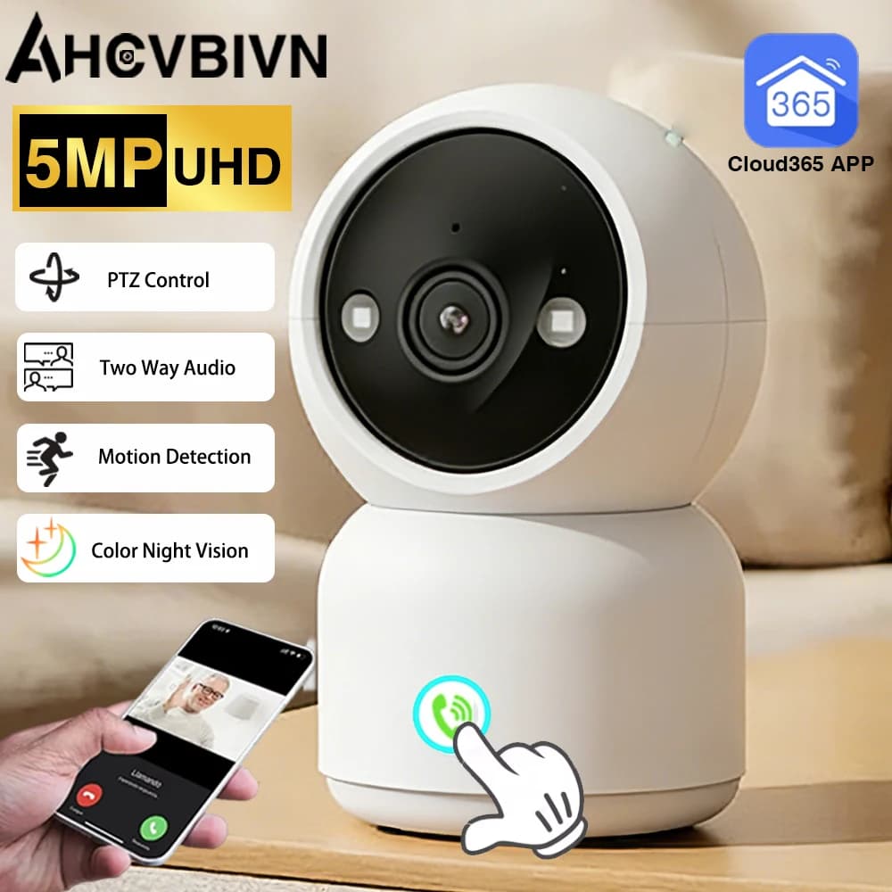 Telecamera di Sorveglianza IP CCTV WiFi PTZ 5MP 2K con Chiamata One-Touch, Monitor per Bambini, Tracciamento Automatico e Visione Notturna a Colori