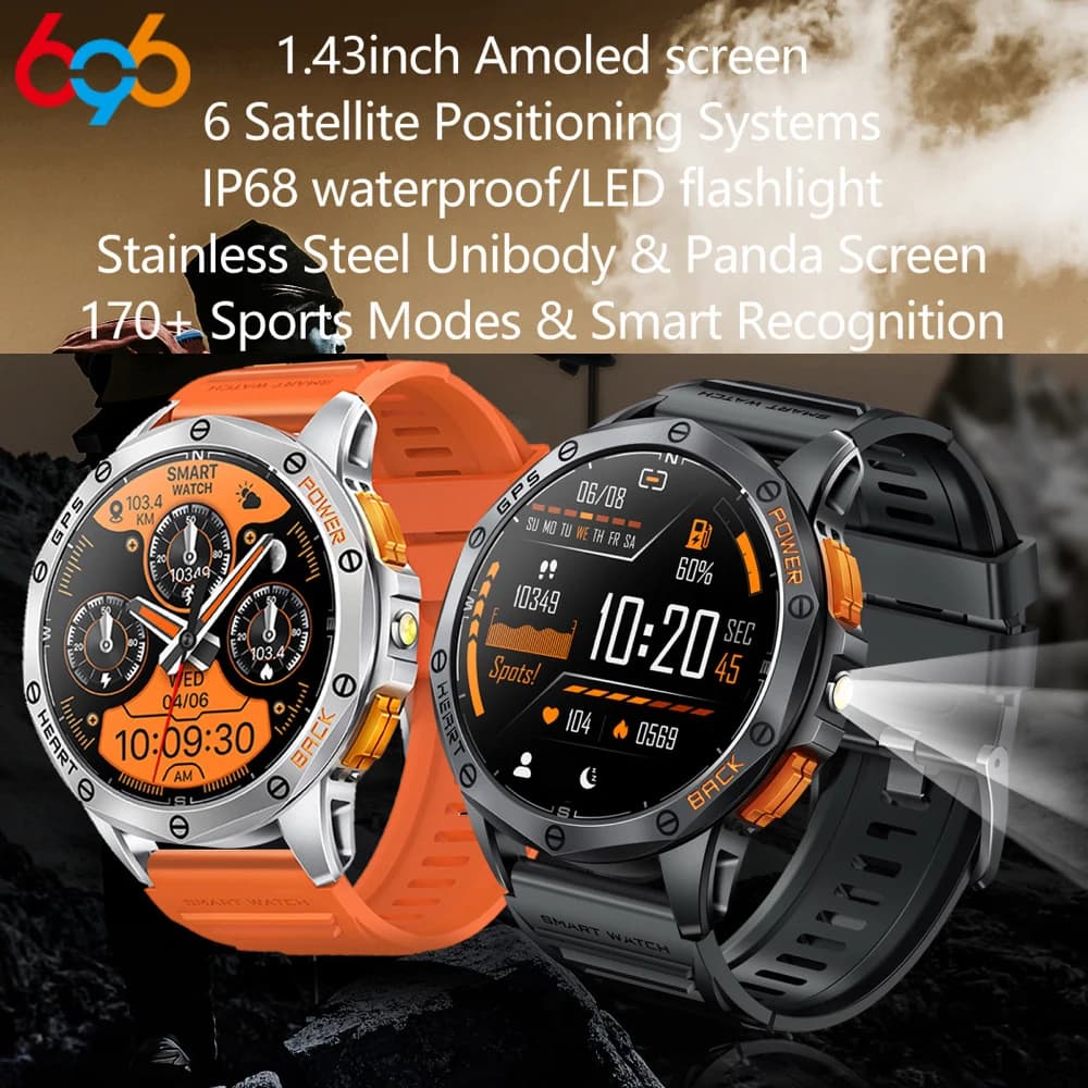 Outdoors Smartwatch Sports AMOLED Screen Blue Tooth Call Smart Watch GPS Heart Rate Blood Oxygen Waterproof Flashlight Watches