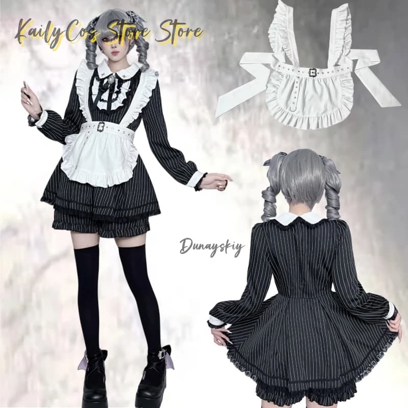 New Japanese subculture dressed as striped maid Jirai Kei Lolita set of long-sleeved lace dresses + apron + belt | Style maid anime