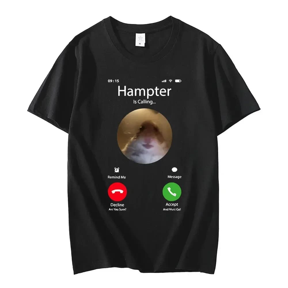 T-shirt Oversize Streetwear con Stampa di un Criceto Meme 'Dank' che Guarda con la Fotocamera Frontale e un Criceto che Fa il Telefono, a Maniche Corte, di Tendenza
