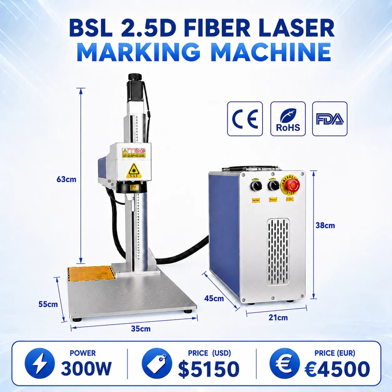 300W 2.5D BSL Fiber Laser Marking JPT Laser Cutting Machine 3D Relief Deep Engraving for All Metal Fiber Laser Deep Engraver with Rotation Axis, Supports Multiple 3D Formats