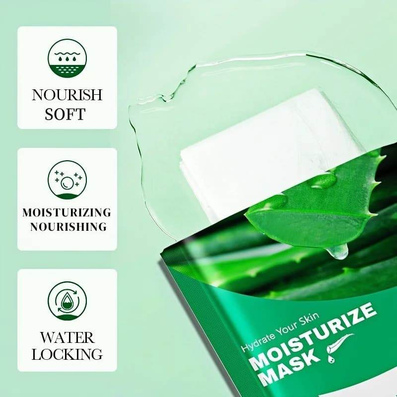10-Piece Aloe Vera Moisturizing Mask, Contains Aloe Vera Essence, Nourishing and Hydrating, Daily Facial Care, Suitable for All Skin Types, Multi-Pack Value Pack