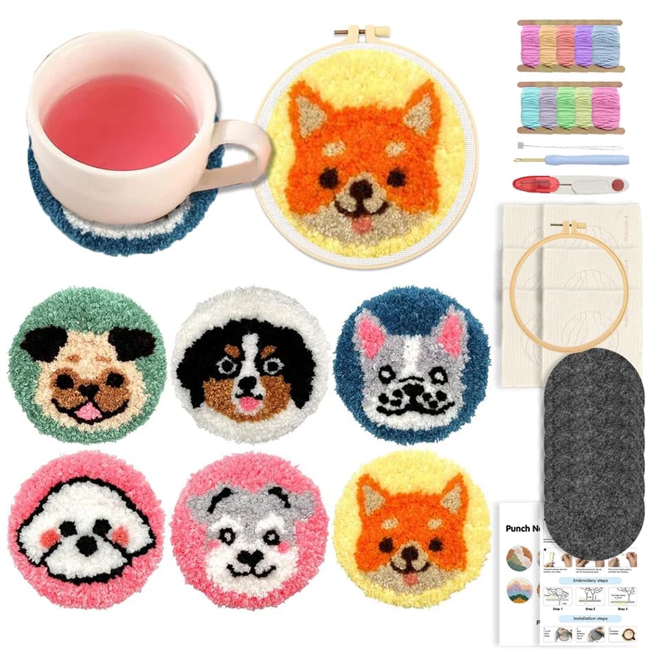 SDOYUNO 6 Set Animal Punch Needle Coasters Kit with Pattern Punch Needle Embroidery DIY Art Crafts Kit for Adult Beginner