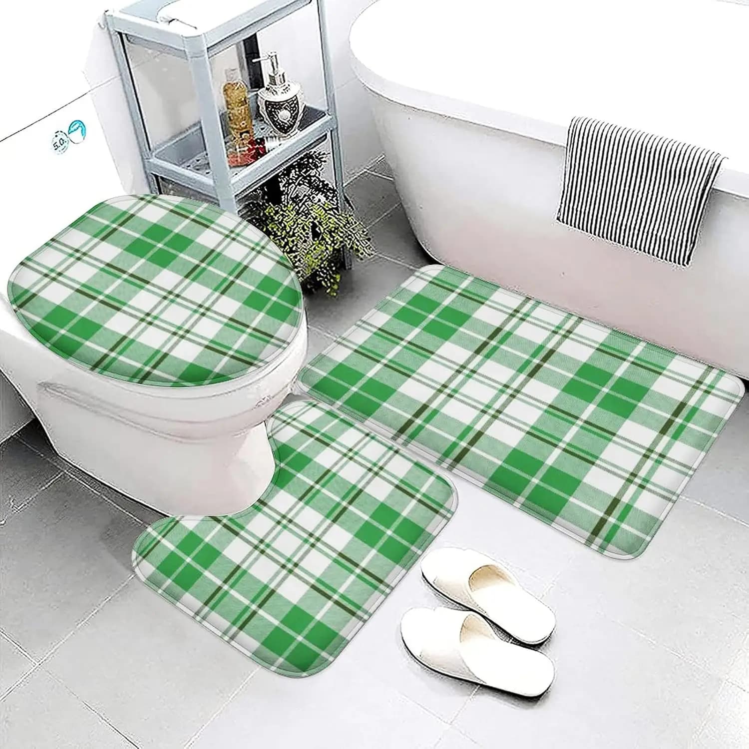 "Set da bagno a quadretti verde e bianco da 3 pezzi: tappetino primaverile per il giorno di San Patrizio: morbido tappetino e copri coperchio per WC a forma di U antiscivolo, assorbente"