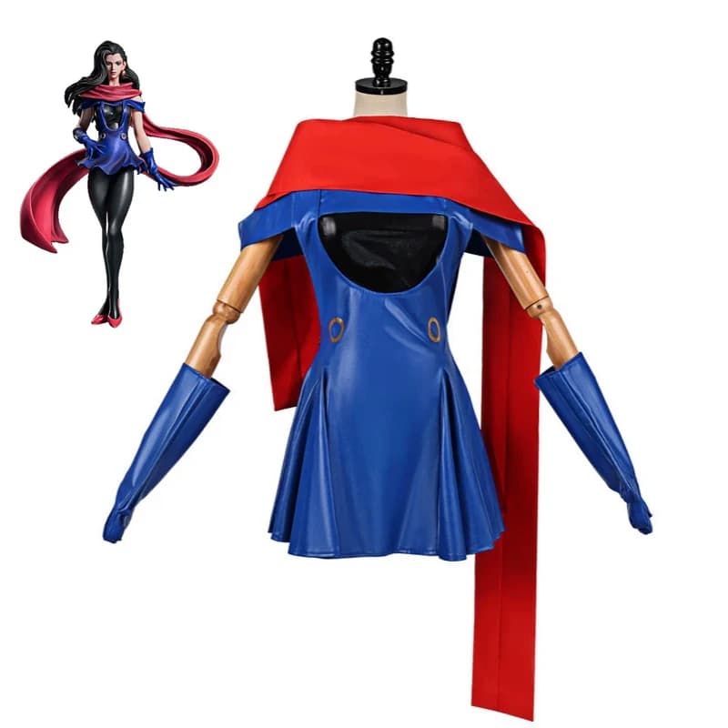 JoJo Bizarre Adventure Lisa Lisa Cosplay Costume Faux Leather Blue Backless Dress Red Scarf Gloves Set For Halloween Comic Con
