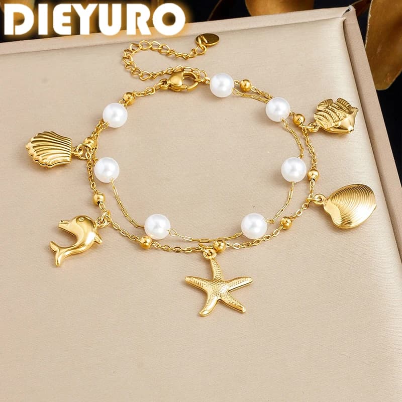 DIEYURO 316L Stainless Steel Golden Starfish Dolphin Shell Charm Pearl Double Layer Bracelet For Women Ocean Beach Jewelry Gift