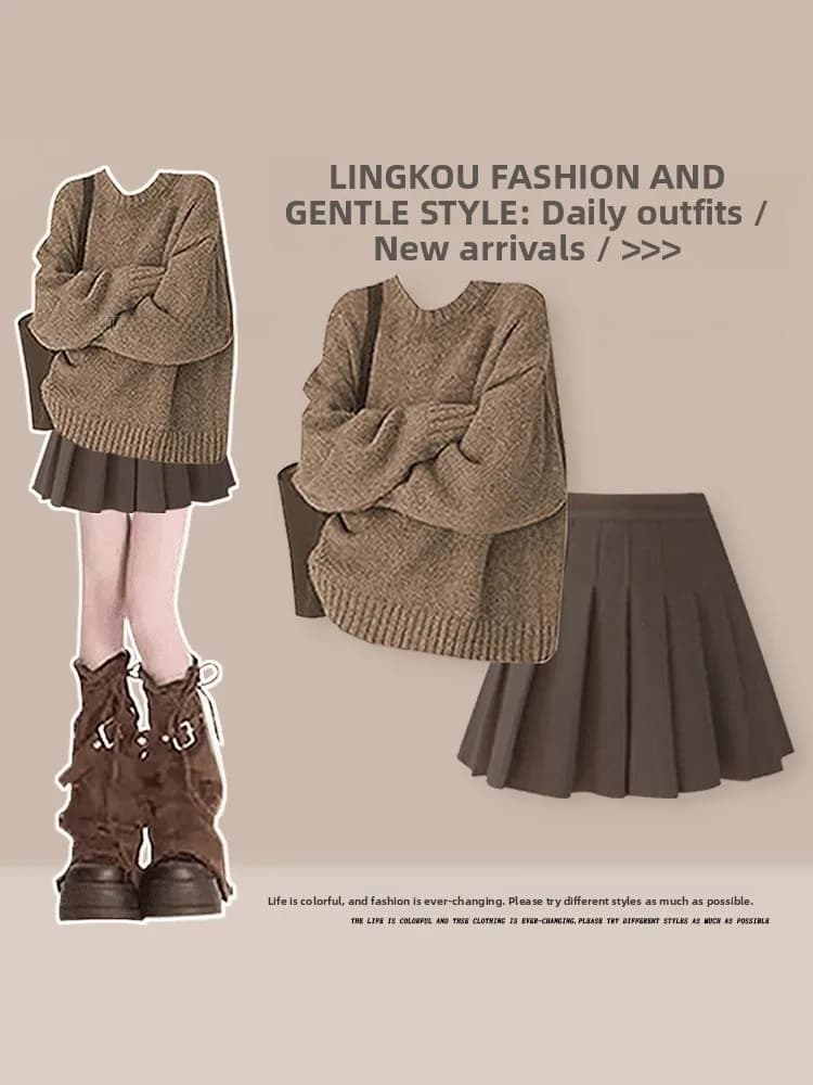 Spring Vintage Women's Knitted Sweater And Pleated Skirt Set Loose Fit Casual Style mid Weight round Neck Overhead Dress