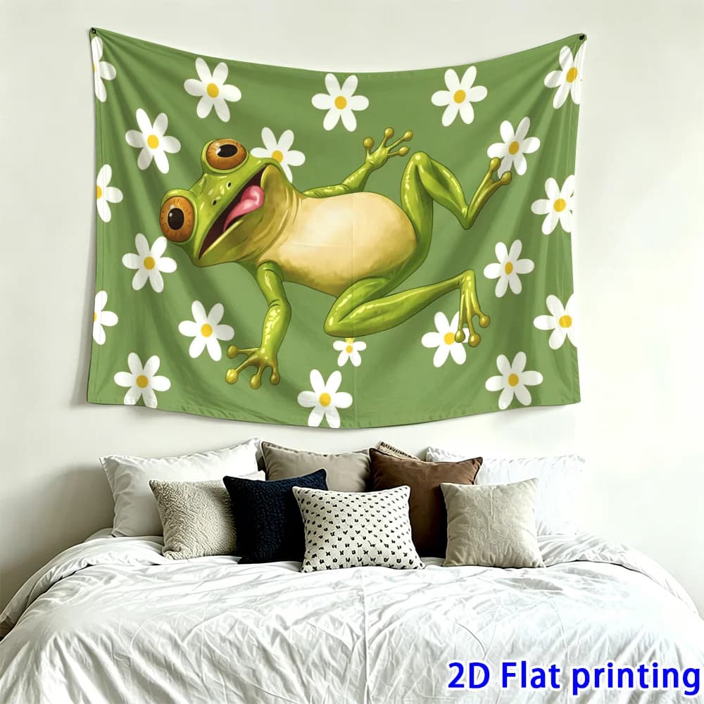 Bohemian Frog Tapestry Wall Hanging Green Floral Art Poster Polyester Print Tropical Nature Decor for Bedroom Living Room Boho A