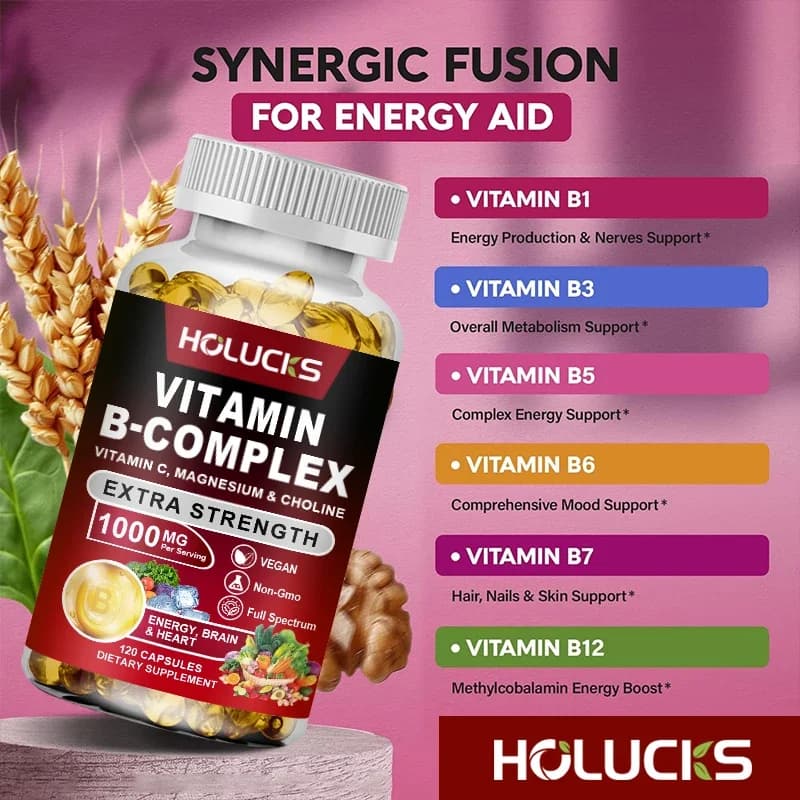 Complex supplement of vitamin B - B1, B2, B3, B5, B6, B7, B8, B9, B12 with vitamin C, Choline, Inositol - Energy, Brain and Heart