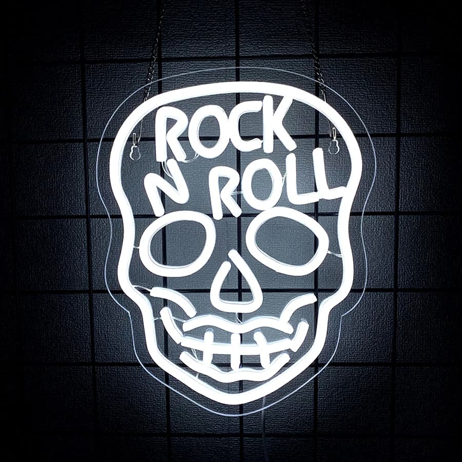 Insegna al neon a LED Rock N Poll, icona teschio bianco, utilizzabile per camera da letto, sala giochi, bar, club, man cave, decorazione artistica per studio musicale.